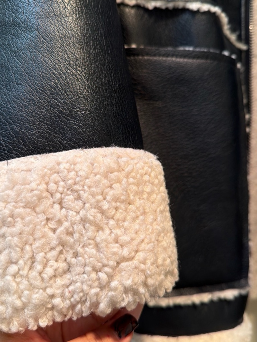 Abercrombie & Fitch Black Faux Leather Jacket with Cream Shearling Trim - Picture 5 of 5